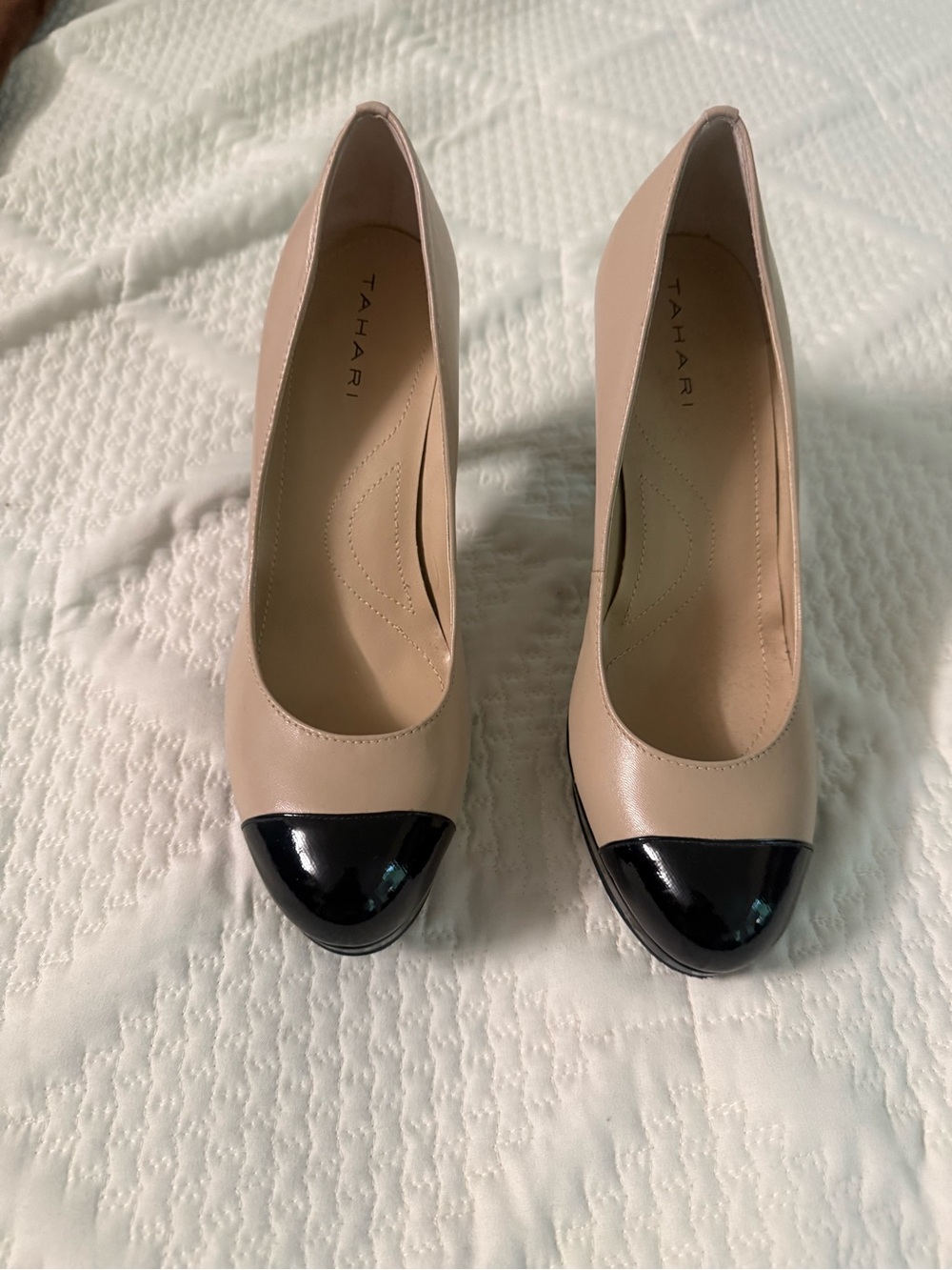 Tahari Beige and Black Cap-Toe Pumps